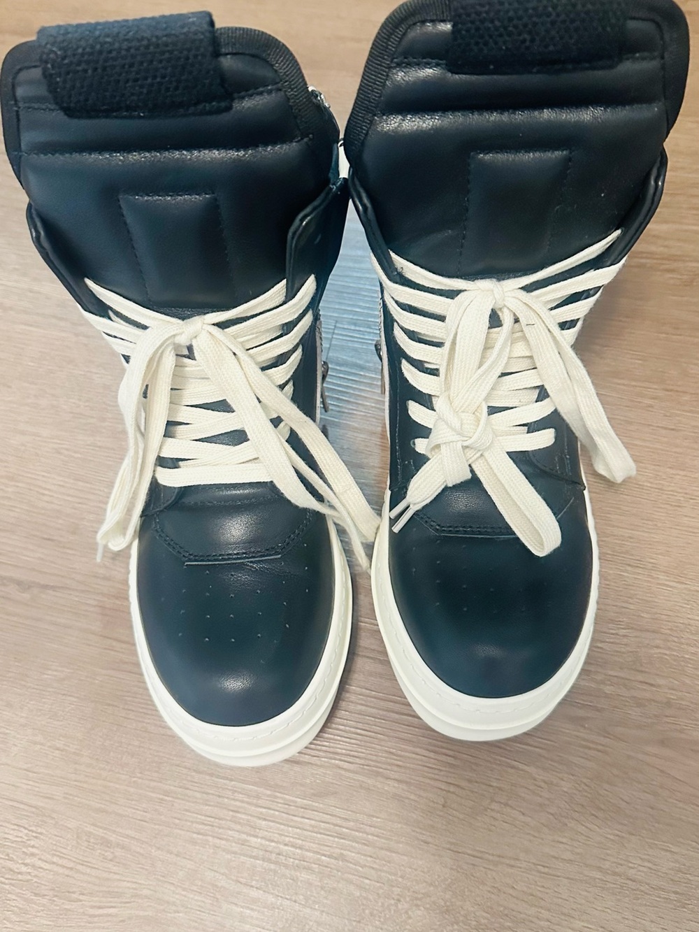 Rick Owens Black High-Top Sneakers with Cream Laces and White Soles